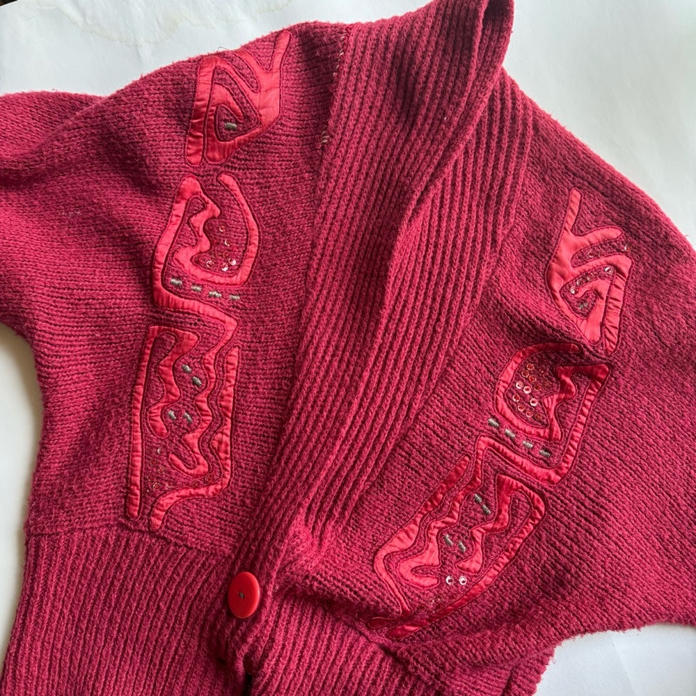Vintage Embroidered Red Knit Oversized Cardigan